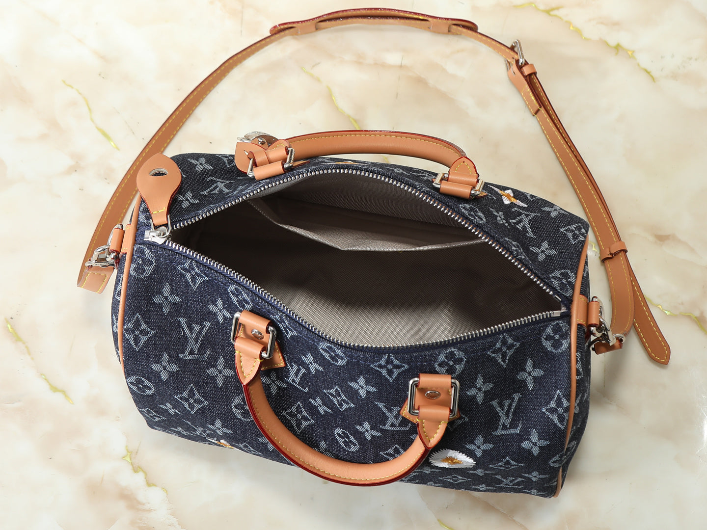 Denim Floral Boston Bag