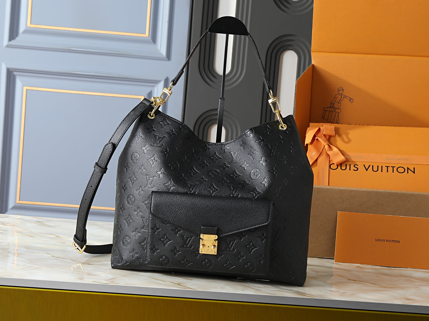 Embossed Leather Hobo Shoulder Bag with Front Pocket