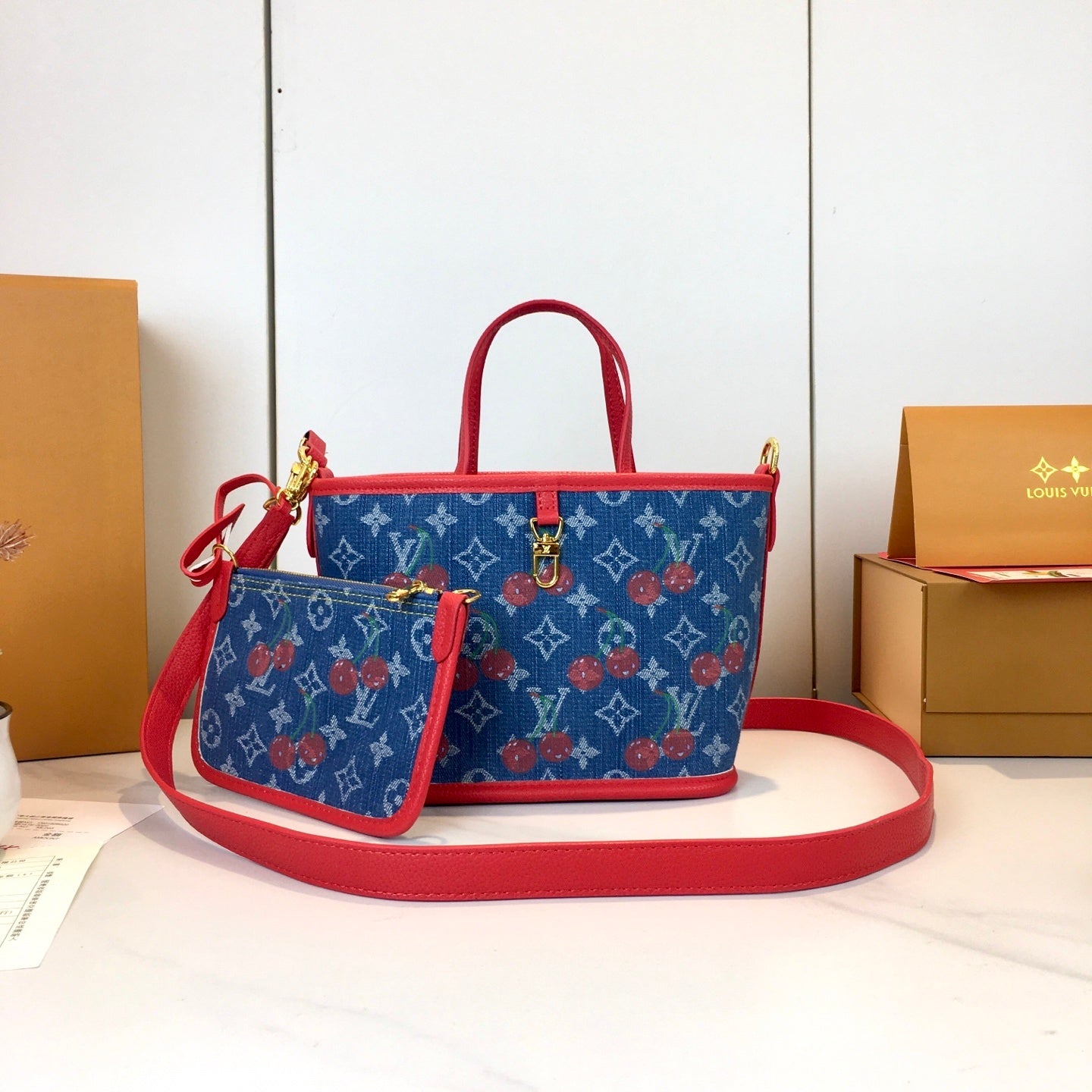 Cherry Neverfull Monogram Handbag & Pouch