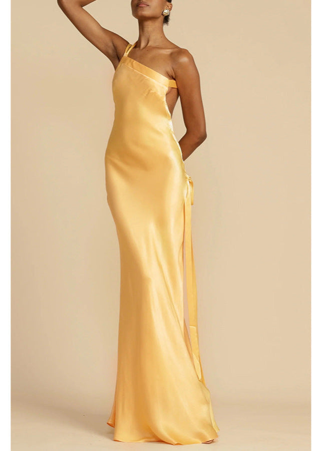 Solara Satin Backless Gown – Butter Gold