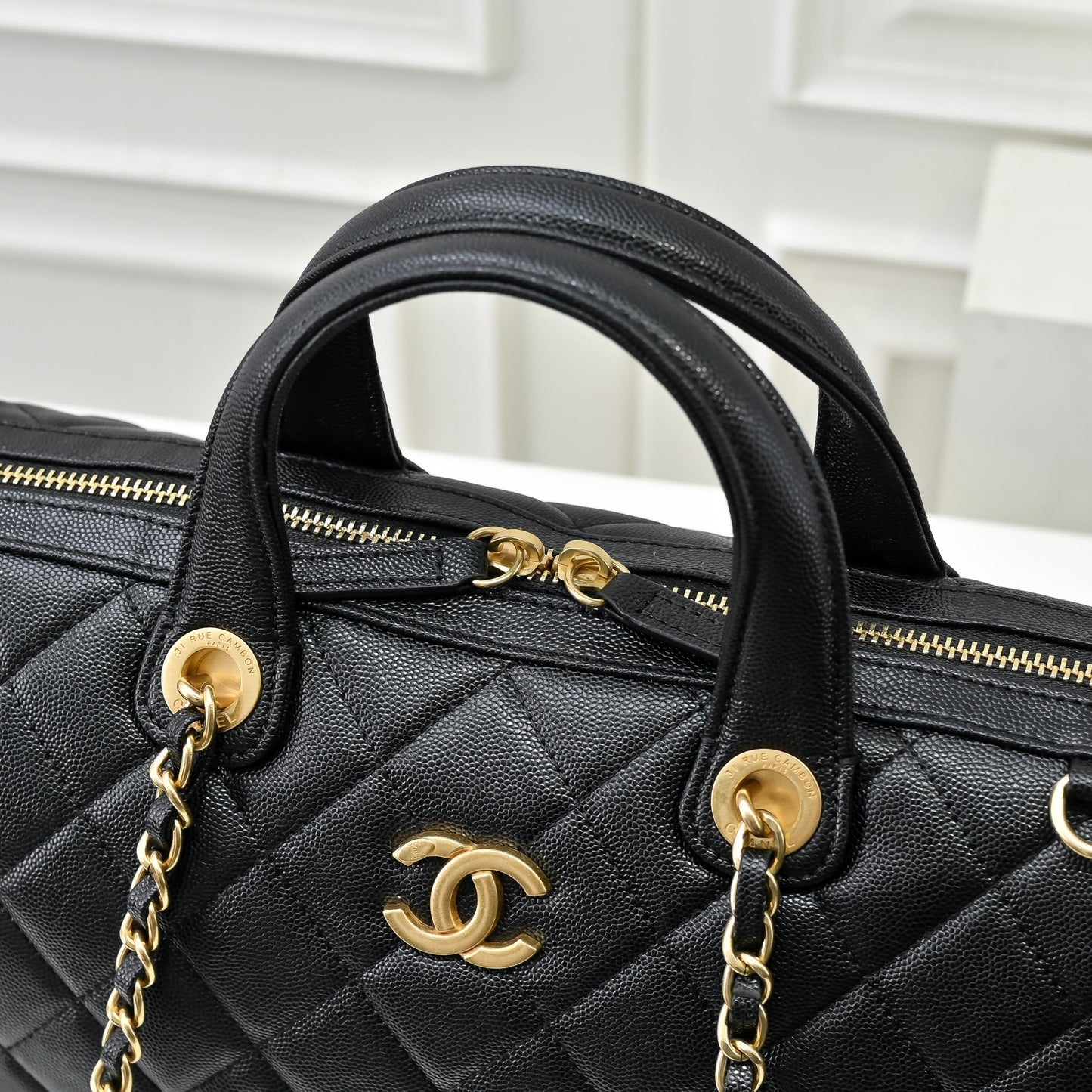 Caviar Quilted Barrel Clutch With Chain