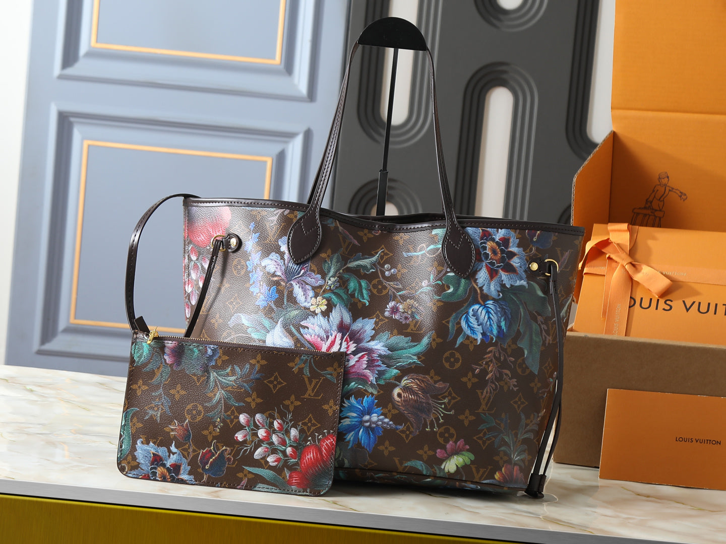 Floral Neverfull Tote Bag with Matching Pouch