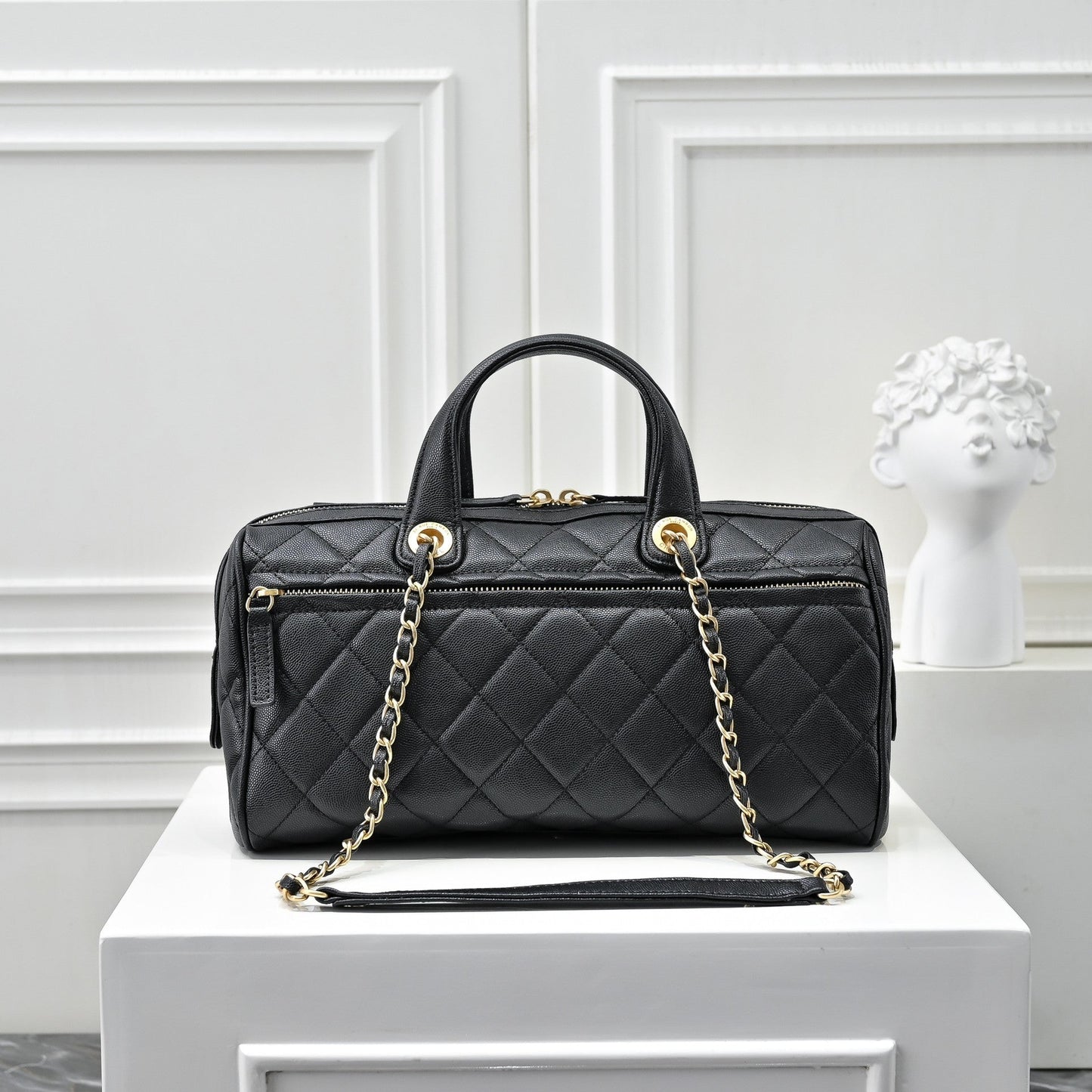 Caviar Quilted Barrel Clutch With Chain