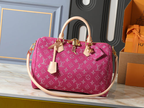 Checkered Canvas Top Handle Satchel - Fuchsia Pink