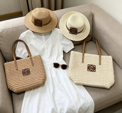 Woven Straw Tote Bag With Hat