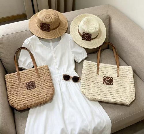 Woven Straw Tote Bag With Hat