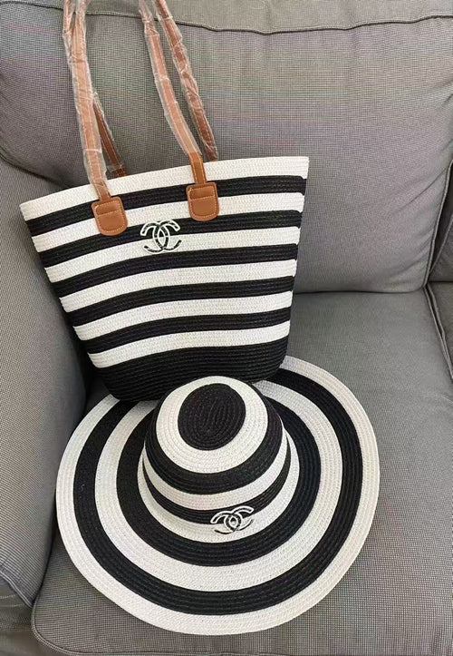 Striped Straw Beach Tote Bag with Matching Wide-Brim Sun Hat Set