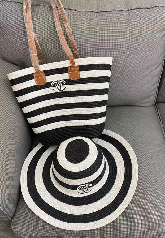 Striped Straw Beach Tote Bag with Matching Wide-Brim Sun Hat Set