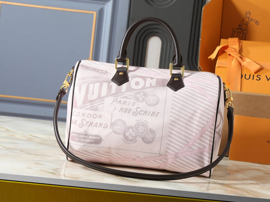 Vintage Travel Print Boston Bag