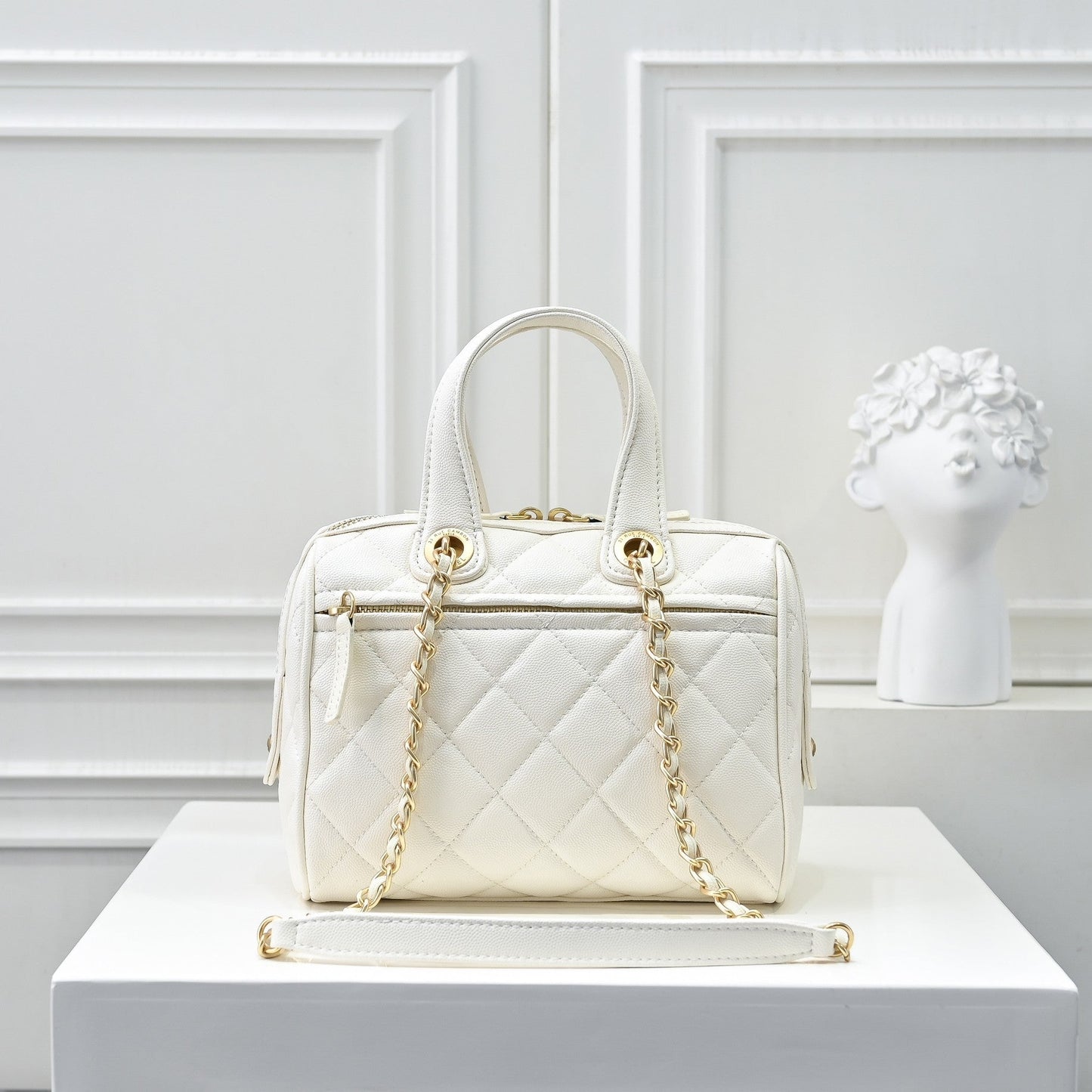 Caviar Quilted Small Bowling Bag White