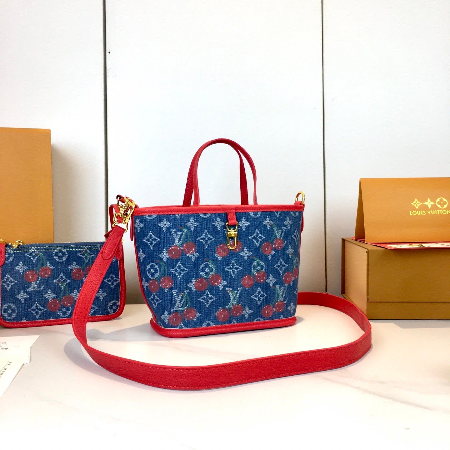 Cherry Neverfull Monogram Handbag & Pouch