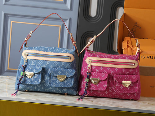 Denim Monogram Multi-Pocket Shoulder Bag