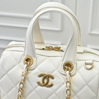 Caviar Quilted Small Bowling Bag White