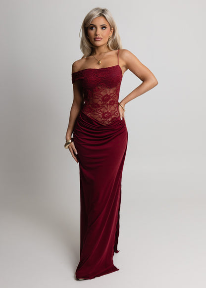 Captivated Heart Lace Maxi Dress - Burgundy