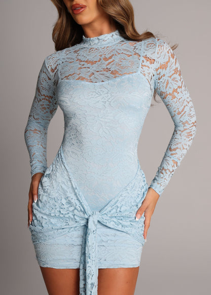 Love Club Lace High Neck Tie Detail Dress - Blue