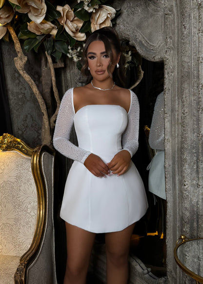 Midnight City Embellished Long Sleeve Mini Dress -  White