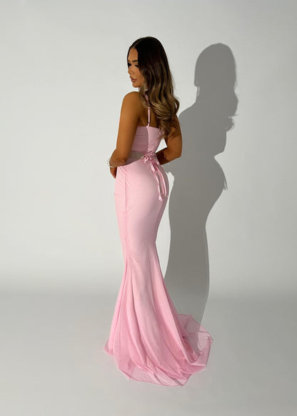 Secret Love Glitter Mesh Gown with Diamante Belt - Pink