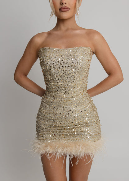 Sweeter Nights Embellished Feather Mini Dress - Gold