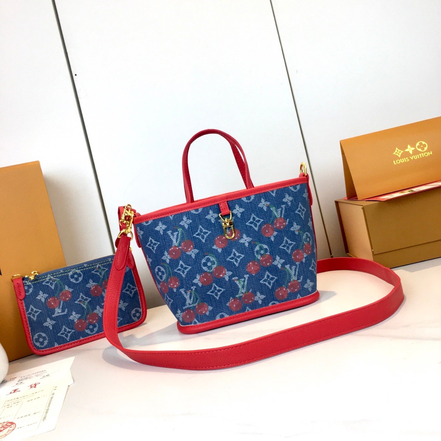 Cherry Neverfull Monogram Handbag & Pouch