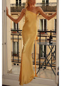 Solara Satin Backless Gown – Butter Gold
