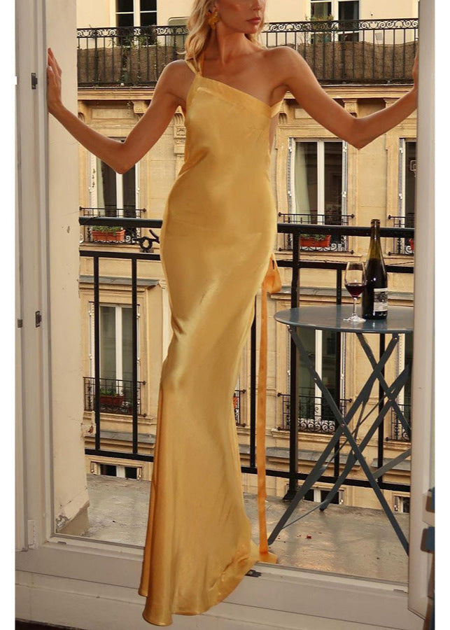 Solara Satin Backless Gown – Butter Gold