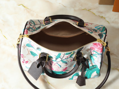 Floral Monogram Boston Bag with Shoulder Strap