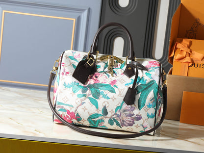 Floral Monogram Boston Bag with Shoulder Strap
