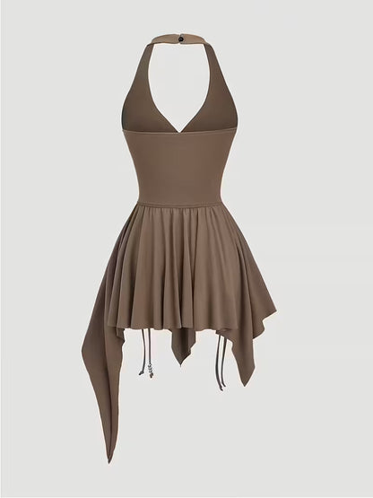 Sleeveless Ruched Halterneck Dress In Coffee Color