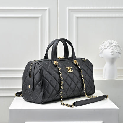 Caviar Quilted Barrel Clutch With Chain