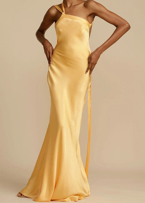 Solara Satin Backless Gown – Butter Gold