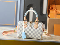 White & Beige Checkered with Light Blue Braided Handle