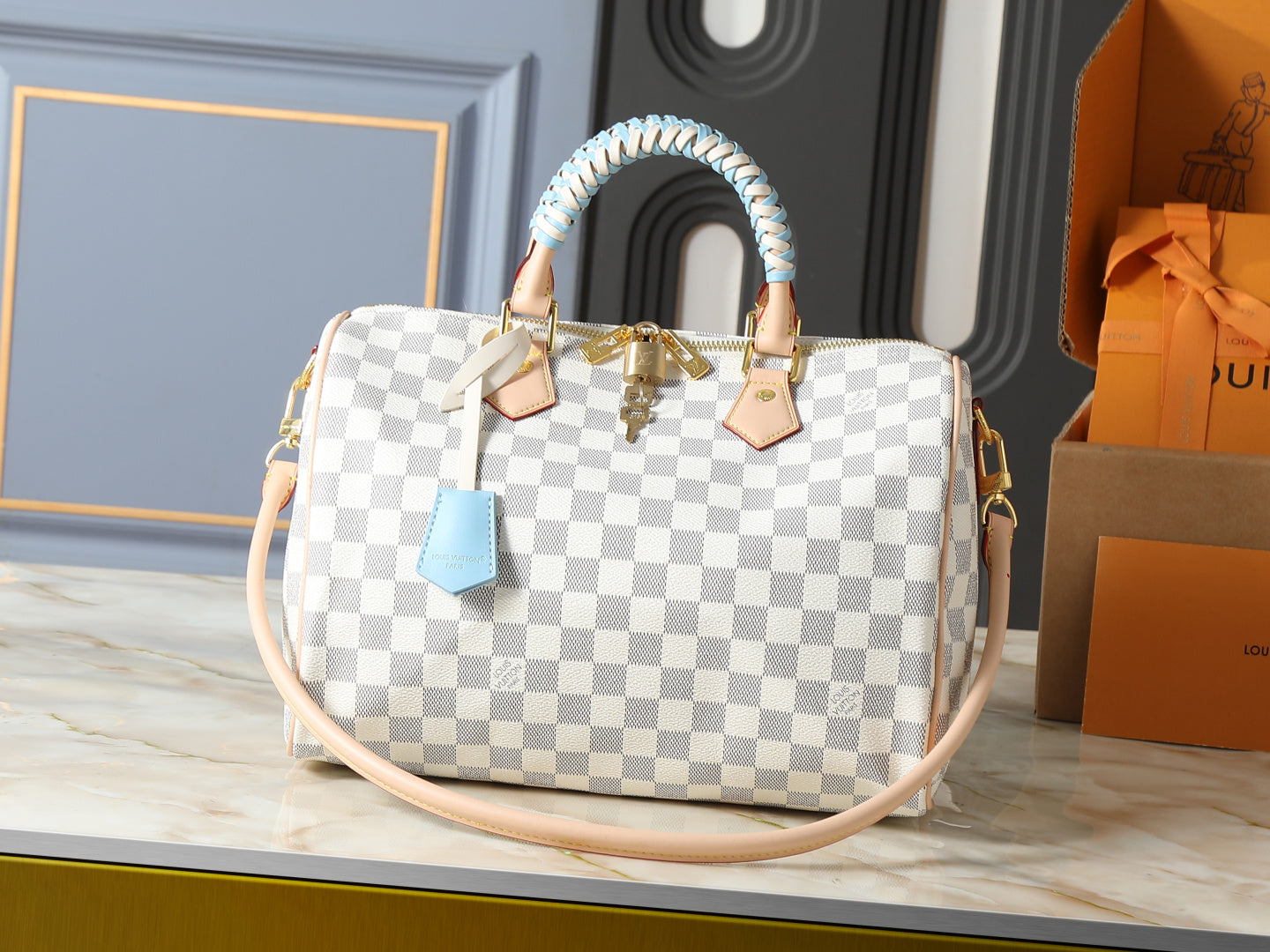 Checkered Canvas Top Handle Satchel