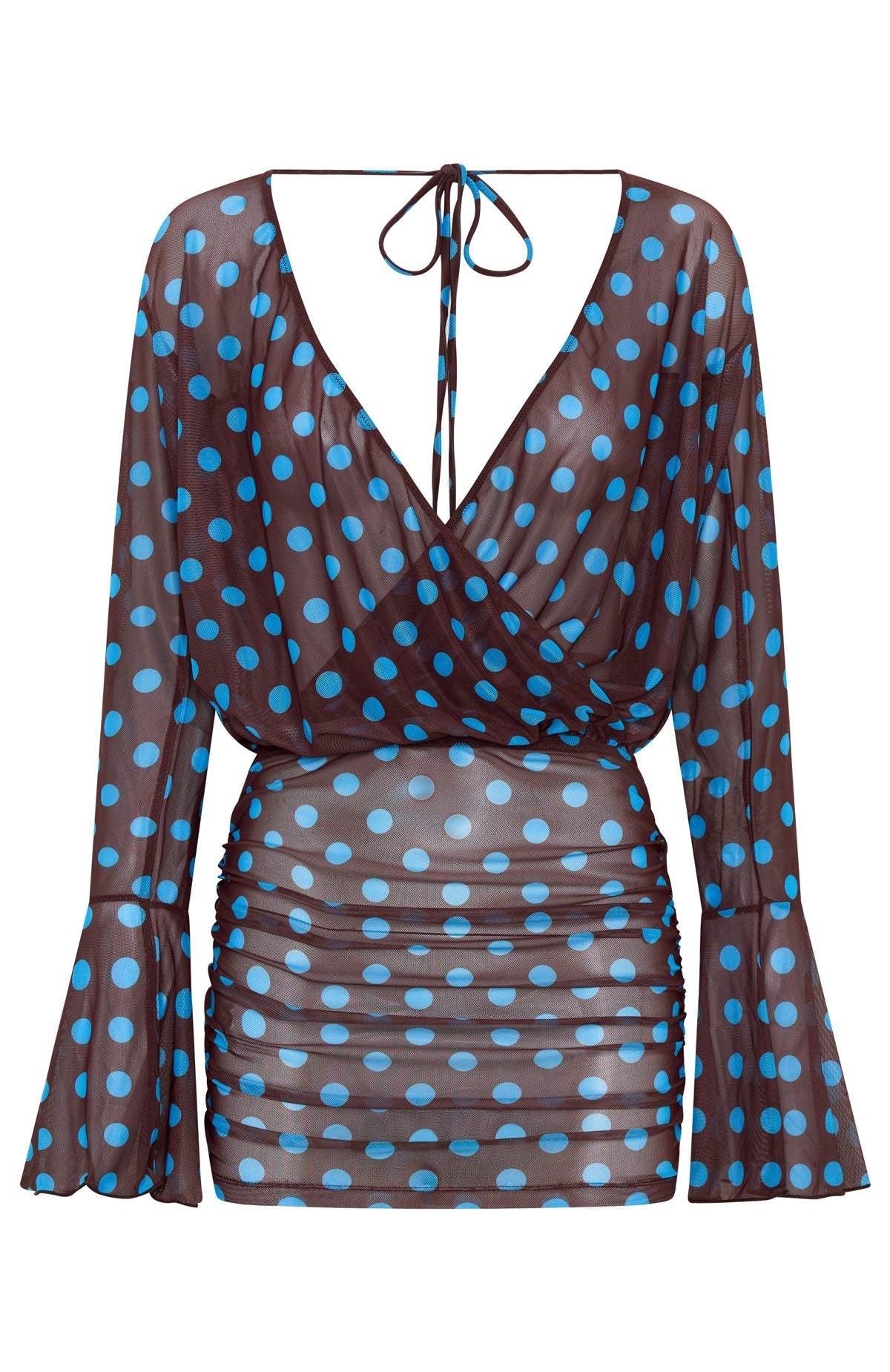 Half Moon Long Sleeve Mini Dress Choc & Blue Polka Dot