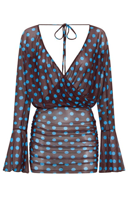 Half Moon Long Sleeve Mini Dress Choc & Blue Polka Dot